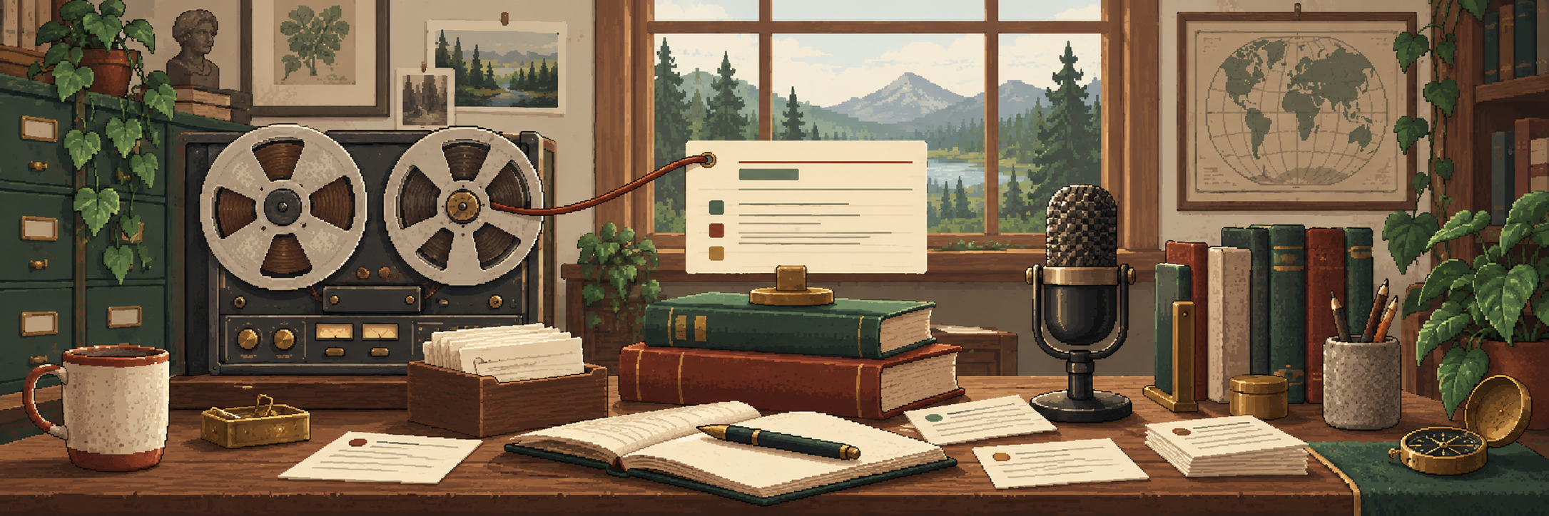 A warm archive desk with a tape recorder, microphone, annotated cards, books, and a woodland window.